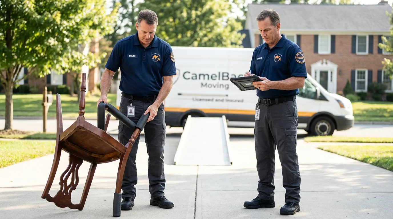 Movers inspecting furniture for damage prevention before loading in Walworth, WI