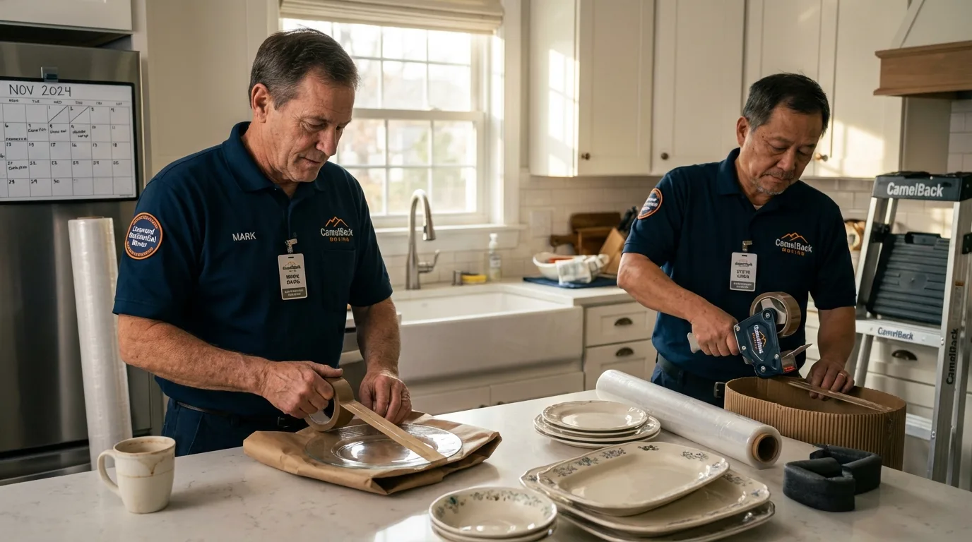 Professional crew packing kitchen dishware in Walworth, WI